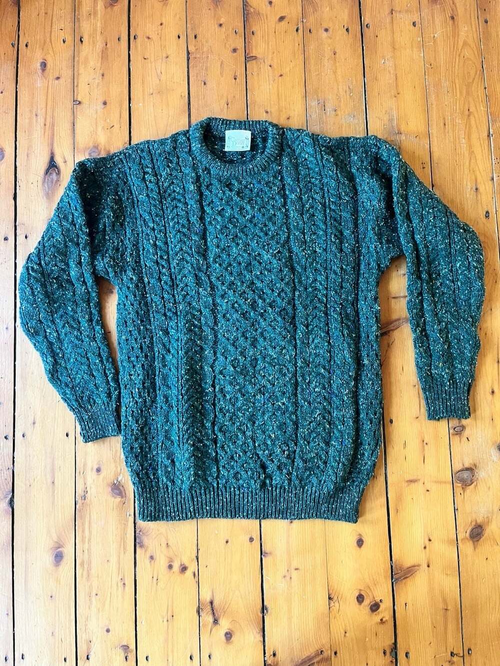 Carraig Donn Vintage Green New Wool Cable Knit Fisherman Sweater Made in Ireland